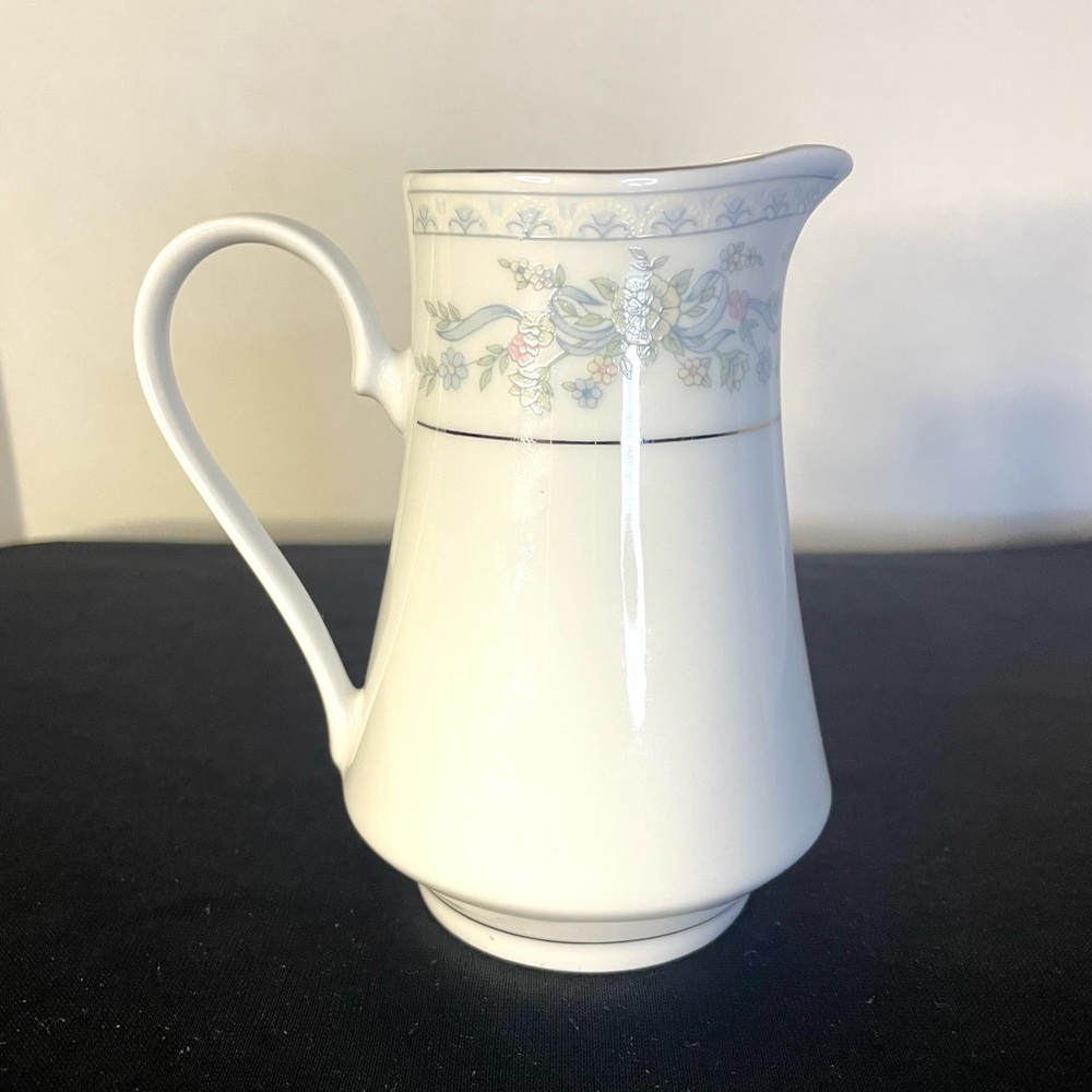 Somerset Creamer by Excel 4.5” White w/ Blue Pink Floral w/Silver Accents